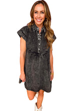 Black Acid Wash Button Front Collared Short Sleeve Denim Dress