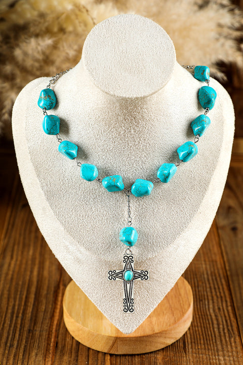 Peacock Blue Turquoise Cross Pendant Necklace