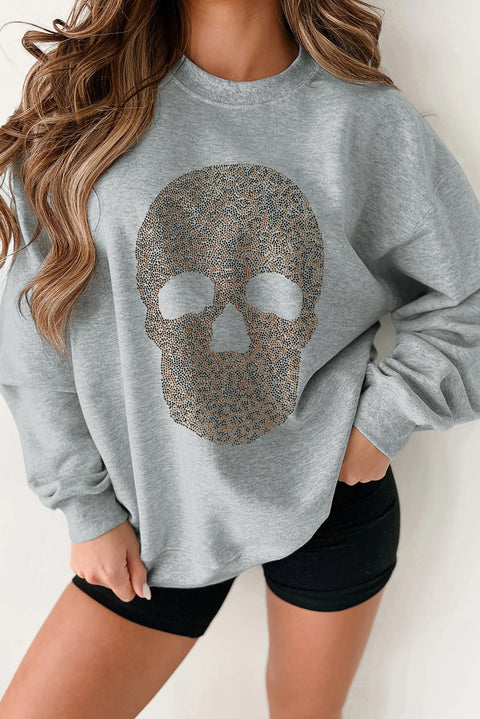 Light Grey Rhinestone Skull Graphic Drop Shoulder Sweatshirt