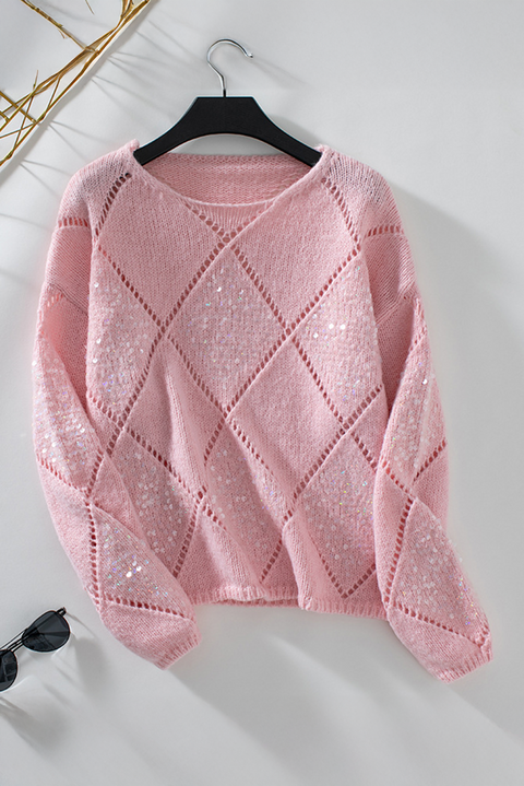 Light Pink Hollowed Rhombus Pattern Sequin Detail Round Neck Sweater