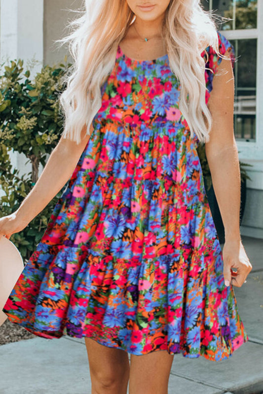 Multicolor Floral Short Sleeve Ruffle Mini Dress