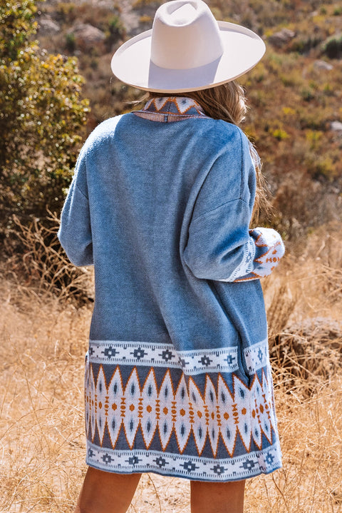 Gray Aztec Print Open Front Knitted Cardigan