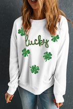 White lucky Clover Sequin Graphic Drop Shoulder Sweatshirt