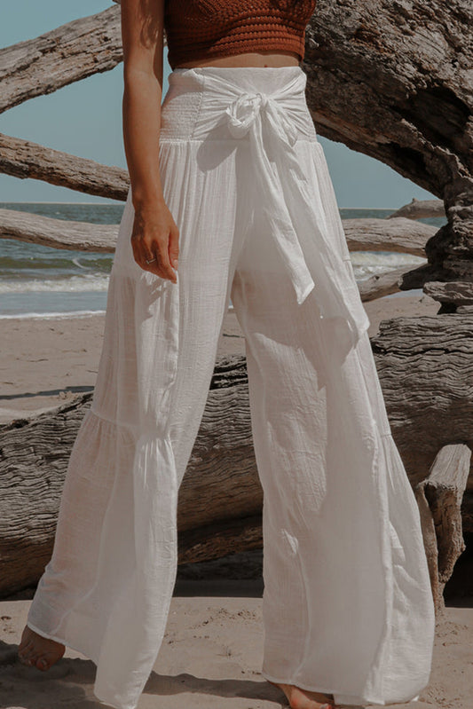 White Smocked High Waist Bohemian Wide Leg Pants