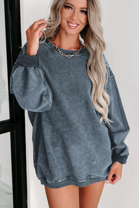 Gray Solid Ribbed Knit Round Neck Pullover Sweatshirt