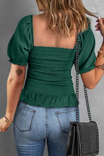 Green Smocked Puffy Sleeve Ruffled Top