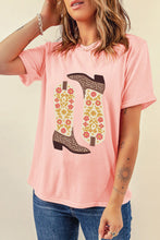 Pink Western Floral Boots Print Round Neck Loose T Shirt