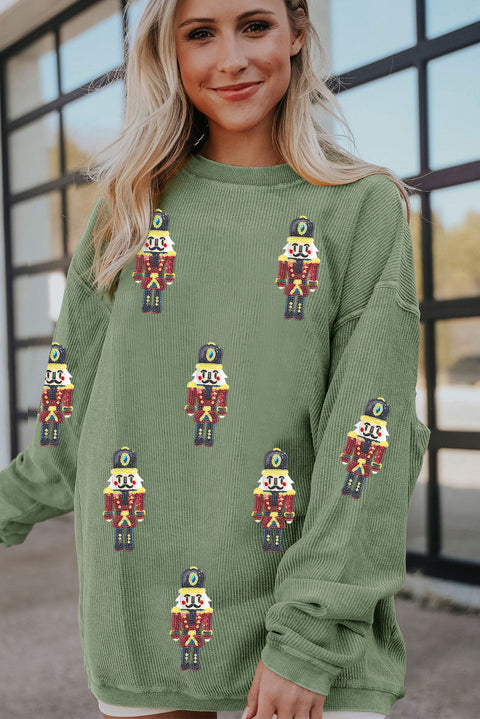 Grass Green Christmas Nutcracker Graphic Corded Pullover Sweatshirt