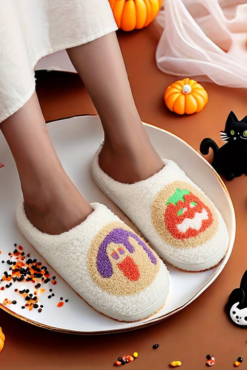 White Halloween Pumpkin Plush Winter Home Slippers