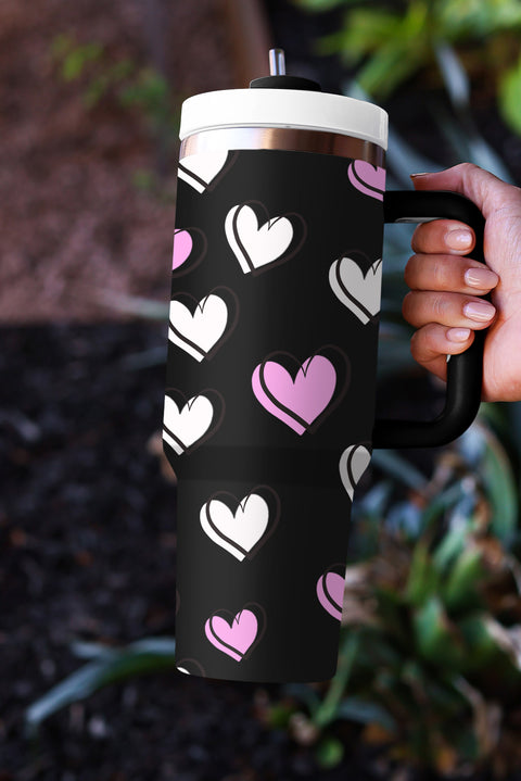 Black Valentines Heart Printed Thermos Cup with Handle