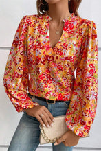 Grapefruit Orange Frilled Split Neck Bubble Sleeve Floral Blouse