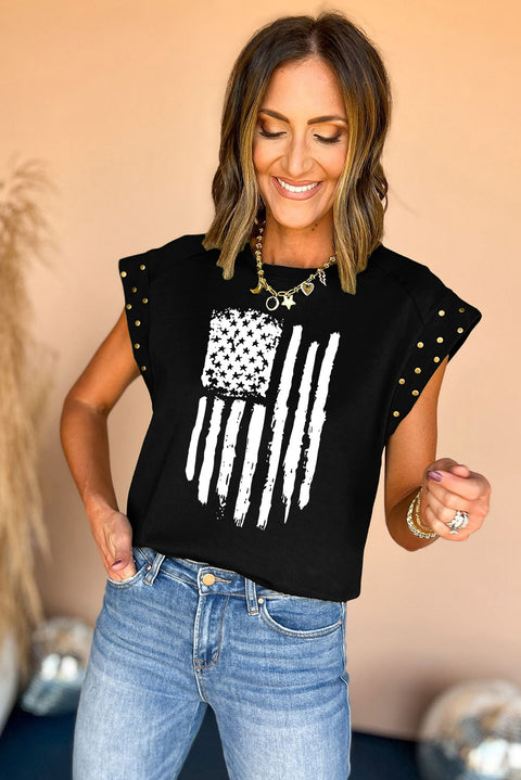 Black American Flag Print Studded Cap Sleeve T Shirt