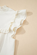 White Solid Color Ruffle Trim Waffle Knit Blouse