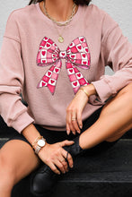 Pink Valentines Heart Checkered Bow Pattern Corded Baggy Sweatshirt