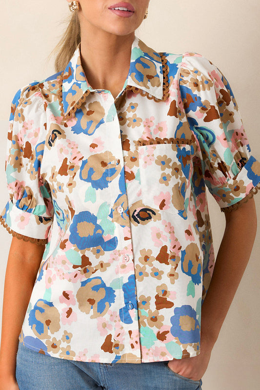 Multicolour Floral Print Ricrac Trim Collared Puff Short Sleeve Shirt