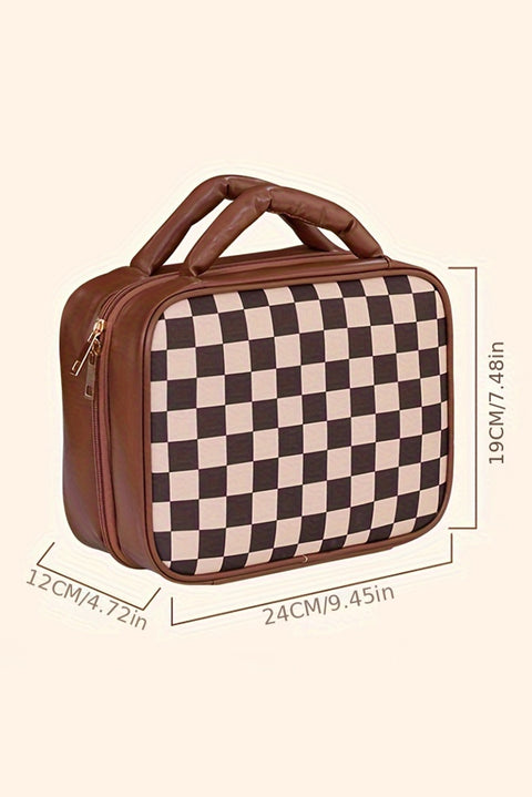 Black Checkered Multiple Compartments PU Leather Cosmetic Bag