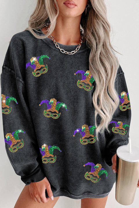 Black Carnival Sequined Fleur De Lis Pattern Corded Sweatshirt