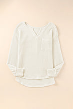 Waffle Knit Split Neck Pocketed Loose Top