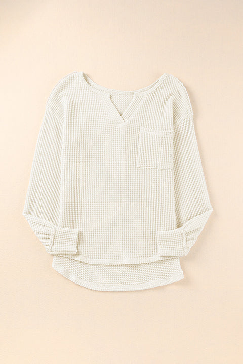 Waffle Knit Split Neck Pocketed Loose Top