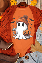 Orange Cute Ghost Pumpkin Face Printed Halloween T Shirt