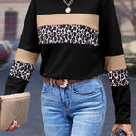 Khaki Leopard Colorblock Patchwork Crew Neck Long Sleeve Tee