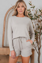 Gray Textured Long Sleeve Top and Drawstring Shorts Set