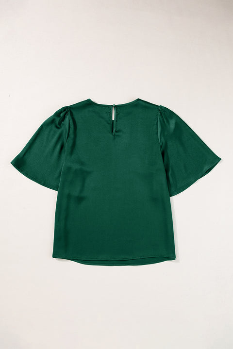 Blackish Green Solid Color Satin Keyhole Back Wide Sleeve Blouse