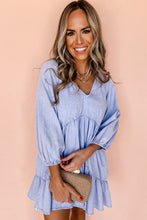 Beau Blue Puff Sleeve V Neck Tiered Ruffled Chambray Mini Dress