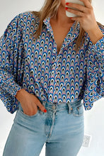 Sky Blue Abstract Print Shirred Cuff Buttoned Oversized Shirt