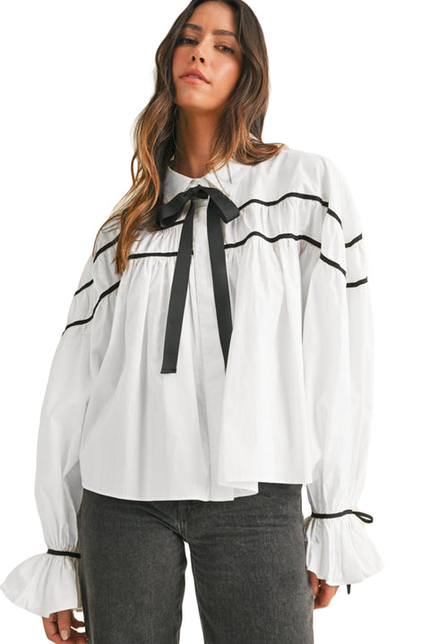 White Black Pipping Ribbon Bowtie Collared Ruffled Puff Sleeve Shirt