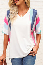 Stripe Patchwork V Neck T Shirt