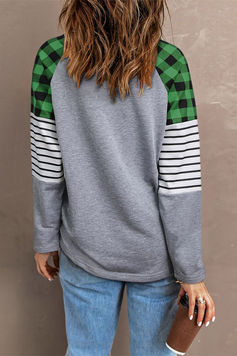 Buffalo Plaid & Stripe Splicing Long Sleeve Top