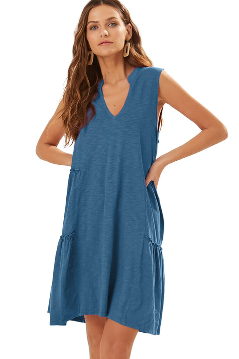 Sail Blue Split V Neck Tiered Flowy Sleeveless Dress