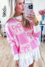 Pink Bow Knot Two Tone Checkered Crew Neck Sweater