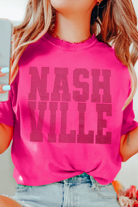 Rose Red NASHVILLE Rhinestone Crew Neck Graphic Tee