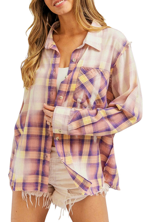 Purple Bleached Plaid Print Exposed Seam Shirt