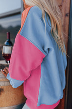 Bright Pink Colorblock Patchwork Drop Shoulder Sweatshirt