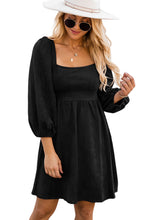 Brown Suede Square Neck Puff Sleeve Dress