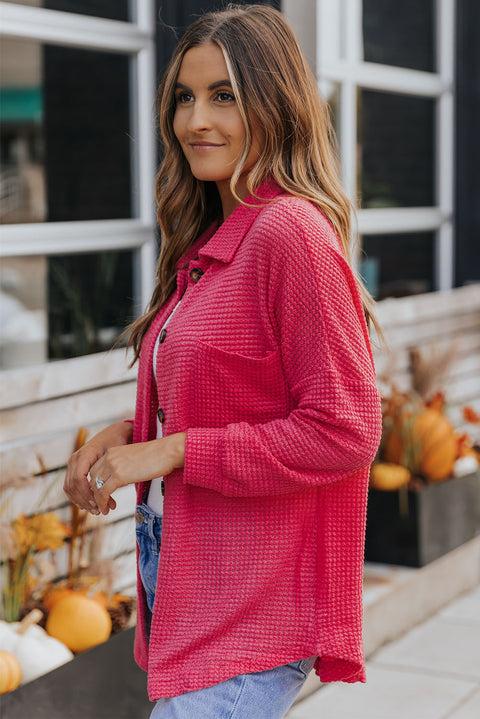 Camisa casual con botones de punto tipo gofre rosa 