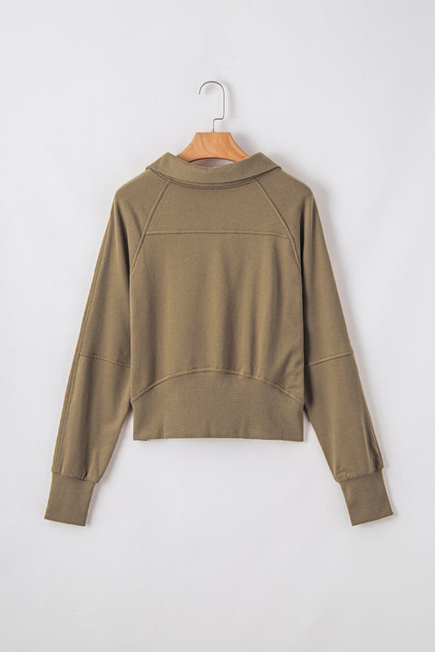 Brown Quarter Zip Stand Neck Kangaroo Pocket Sweatshirt