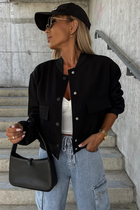 Black Big Pockets Baseball Collar Jacket