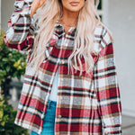 Fiery Red Geometric Plaid Print Pocketed Shacket