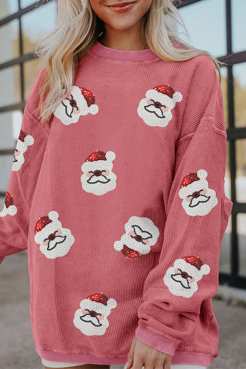 Strawberry Pink Sequin Santa Clause Christmas Corded Sweatshirt