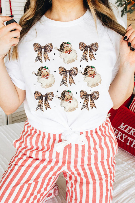 White Santa Claus Leopard Bow Print Crew Neck Casual T Shirt