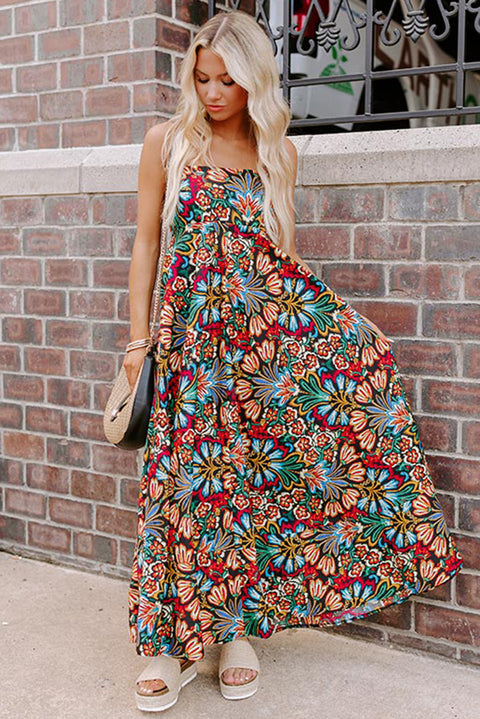 Black Boho Floral Print Thin Straps Sleeveless High Waist Maxi Dress