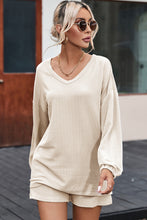 Beige Corded V Neck Slouchy Top Pocketed Shorts Set