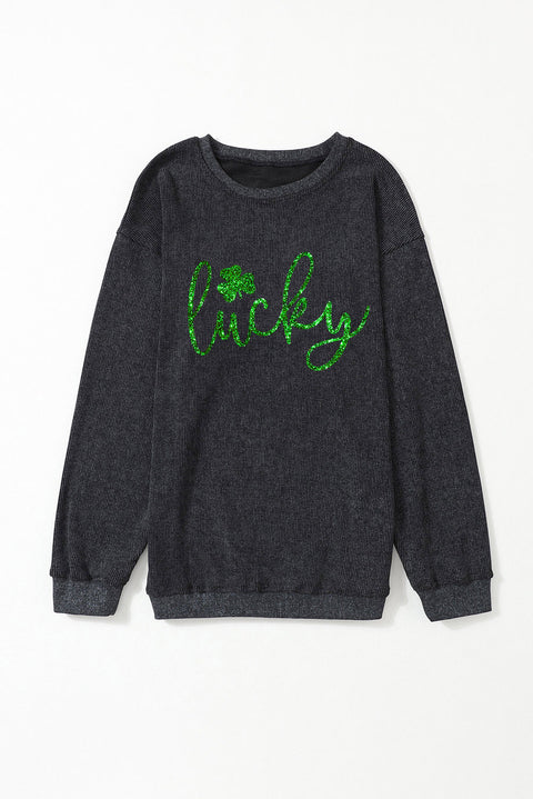 Black Shiny Lucky Clover Corded Drop Shoulder Sweatshirt