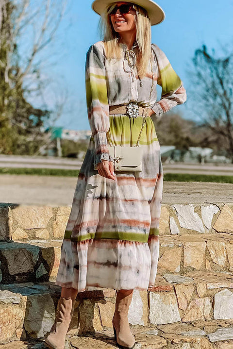 Vestido camisero largo con estampado tie-dye y cordones multicolor