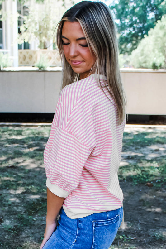 Pink Striped 3/4 Sleeve Drop Shoulder Top