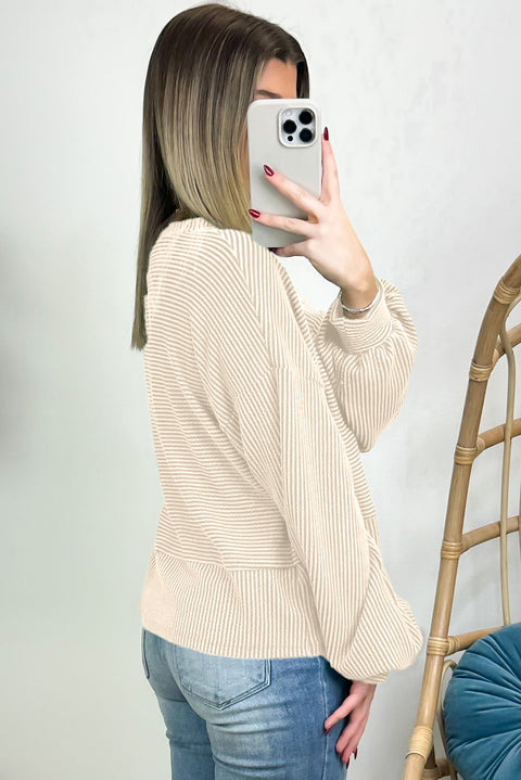 Apricot Corded Texture Lantern Sleeve Buttons Henley Sweatshirt